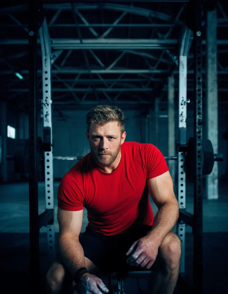 Ein Mitglied Mitte vierzig im roten T-Shirt lehnt zwischen zwei Sätzen am Squat-Rack, die Hände eingekreidet, und blickt direkt in die Kamera.